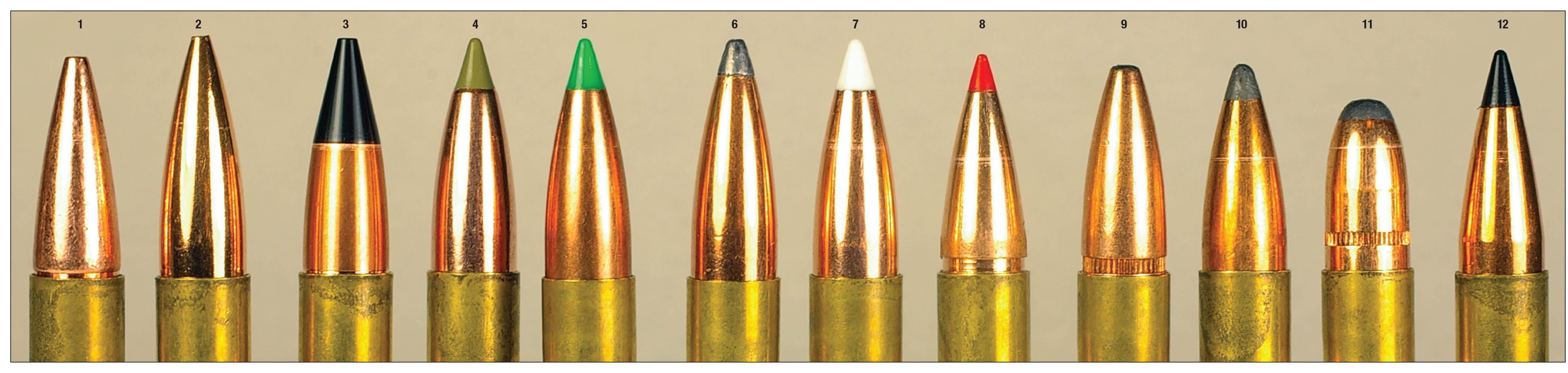 These 150-grain .30-caliber bullets include: a (1) Barnes TSX BT, (2) Berger FB Target, (3) Cutting Edge Copper Raptor, (4) Nosler E-Tip, (5) Nosler Ballistic Tip, (6) Nosler Partition, (7) Nosler AccuBond, (8) Hornady GMX, (9) Remington Core- Lokt, (10) Sierra GameKing spitzer BT, (11) Sierra Pro-Hunter roundnose and a (12) Swift Scirocco II. Different seating depths may be required due to a bullet’s shape.